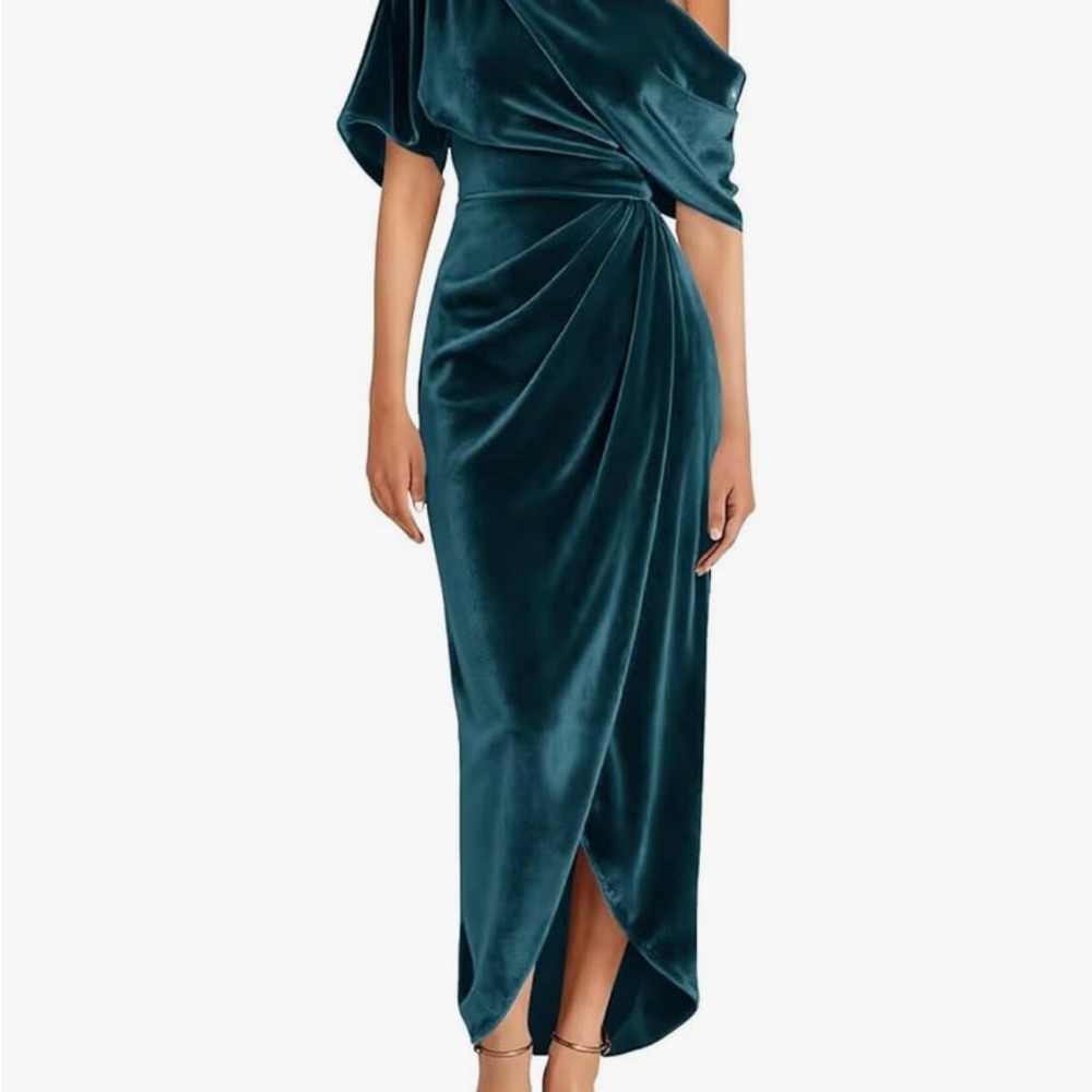 Velvet One-Shoulder Teal Evening Dress